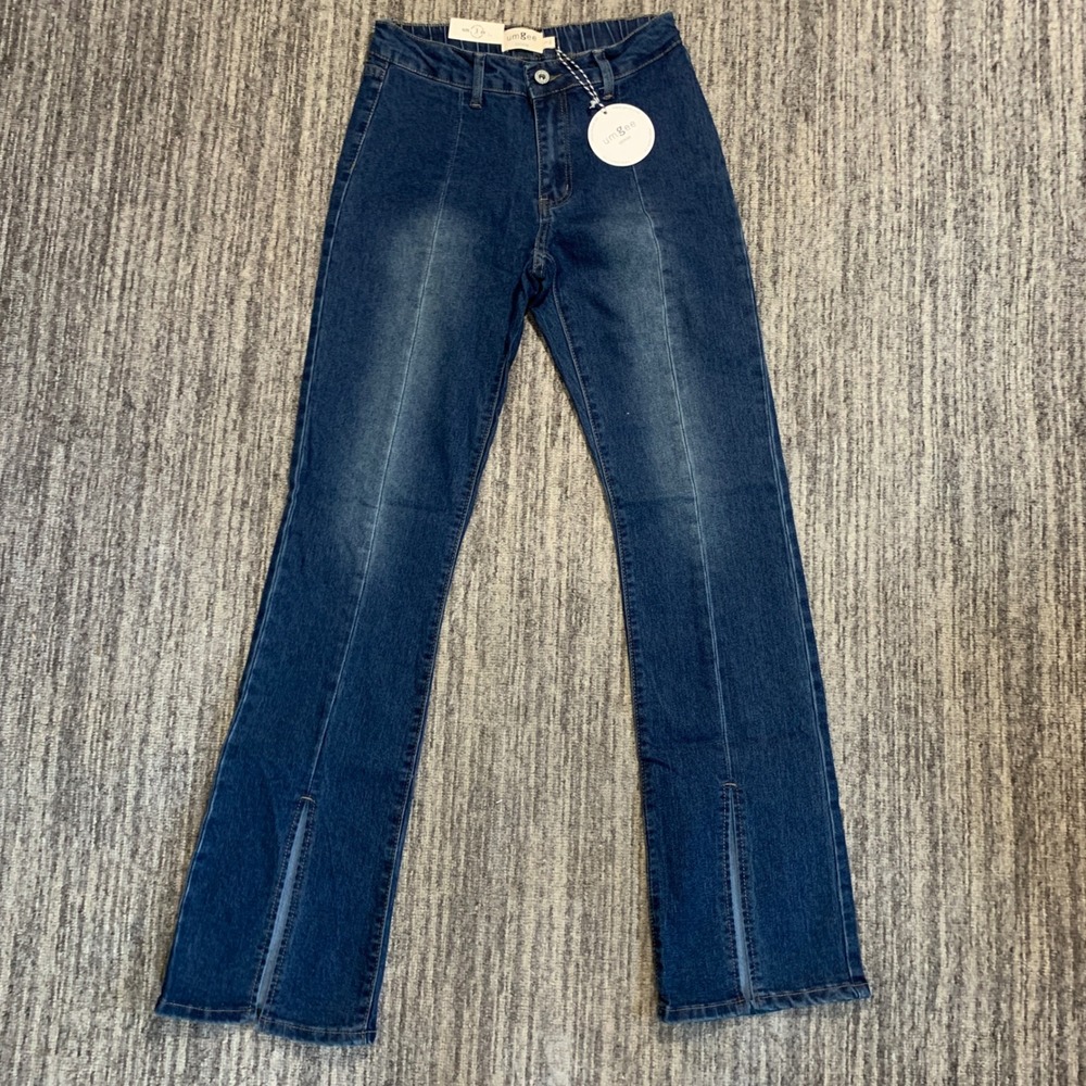 Umgee Denim Flare Jeans‎ Front Seam Split Hem Dark Wash Blue Size 3 New A